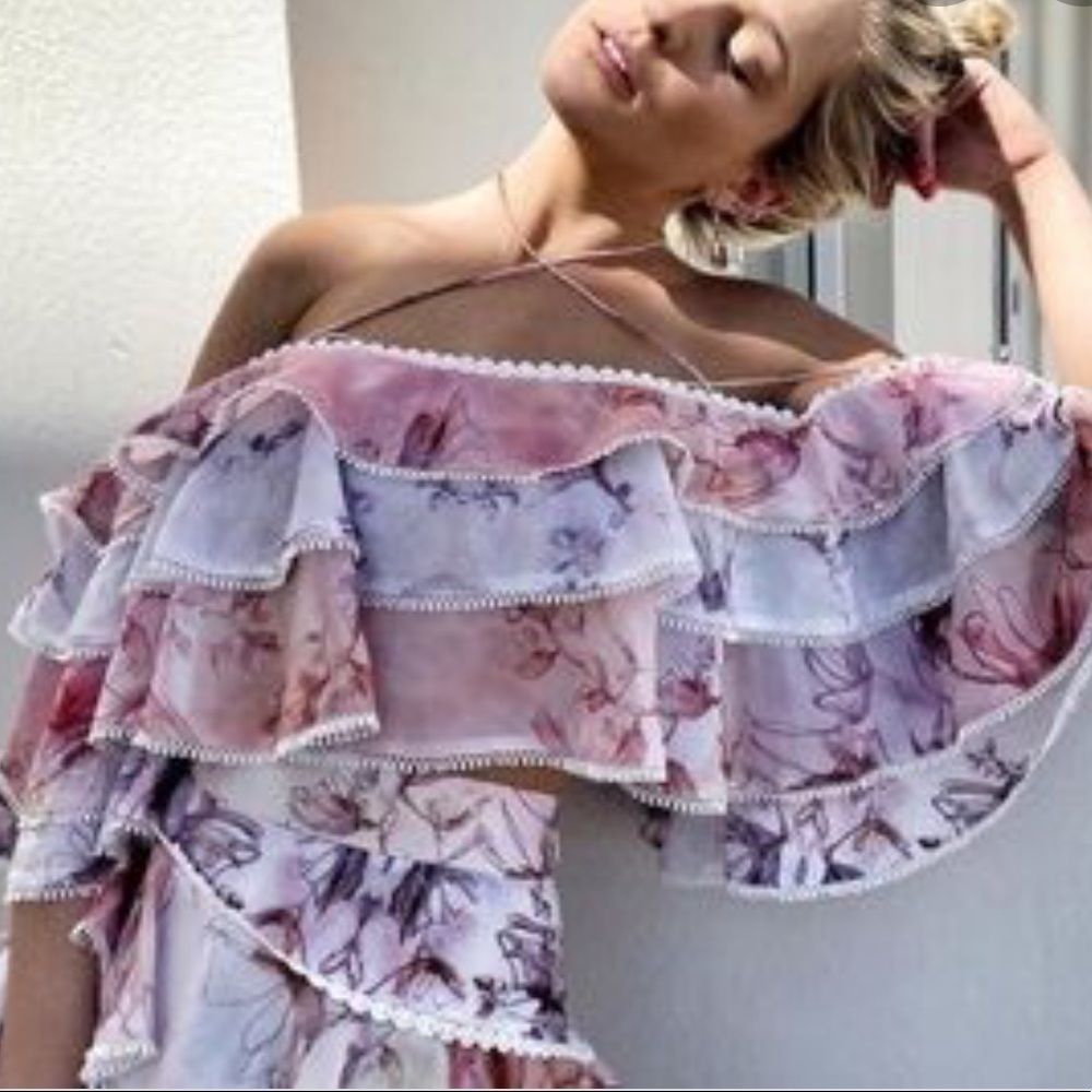 Floral Ruffle Off-Shoulder Crop Top - Pink Multi - Picture 2 of 9